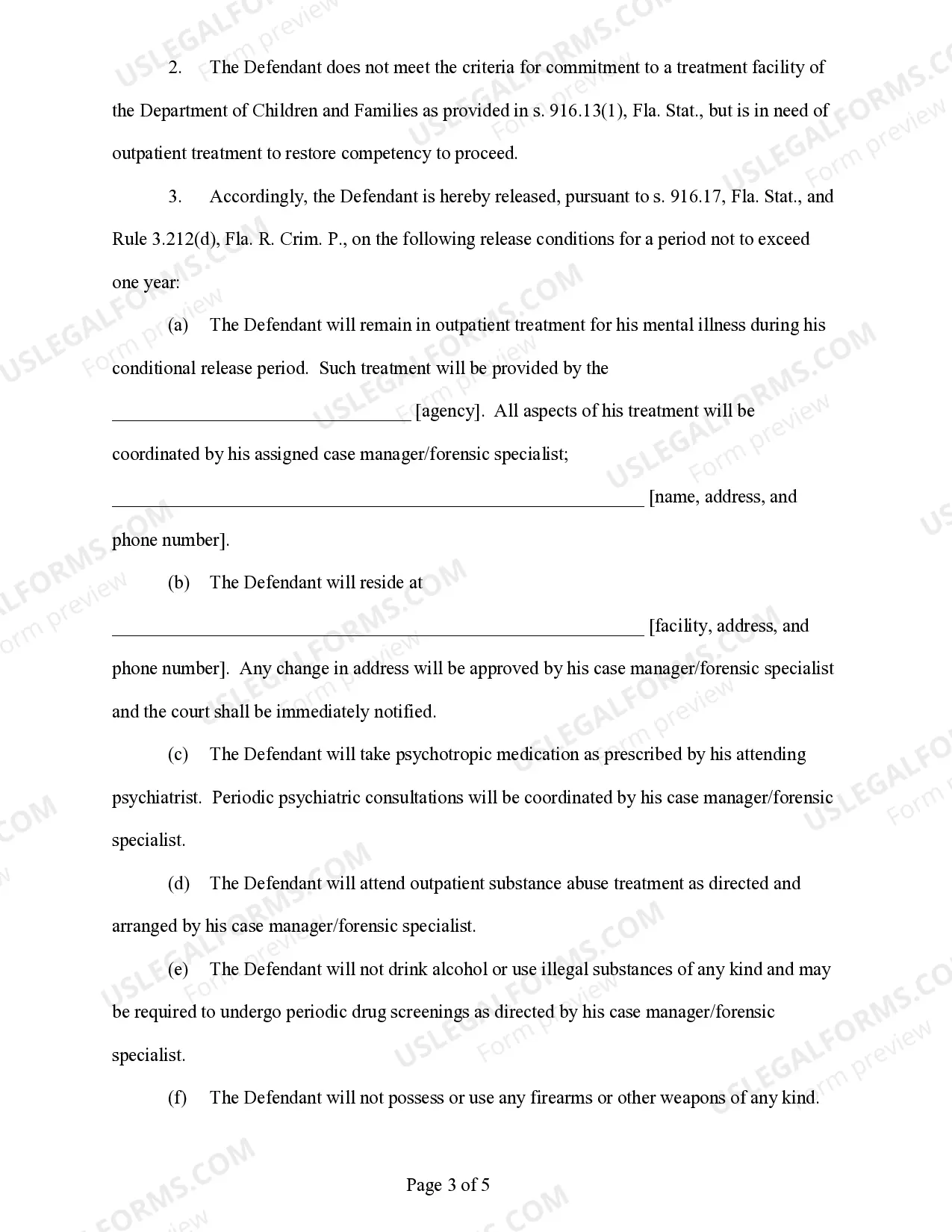 Preview Order Adjudging Defendant Incompetent and Placing Defendnant on Conditional Release