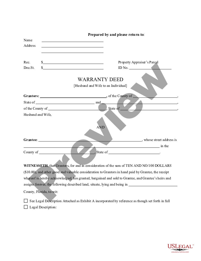 Florida Warranty Deed From Husband And Wife To An Individual - Florida ...