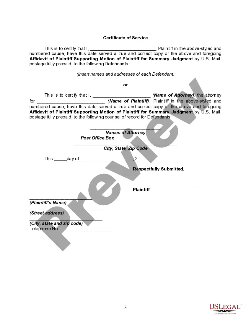 Get Affidavit of Plaintiff Supporting Motion for Summary Judgment by Plaintiff Preview Affidavit of Plaintiff Supporting Motion for Summary Judgment by Plaintiff