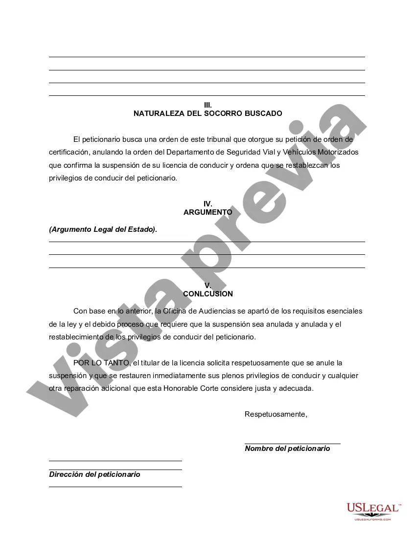 Preview Auto de Florida de Certiorari y apelación de suspensión de licencia