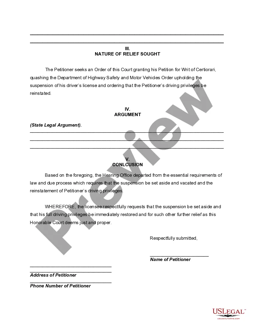 Get Florida Writ of Certiorari and Appeal of License Suspension Preview Florida Writ of Certiorari and Appeal of License Suspension