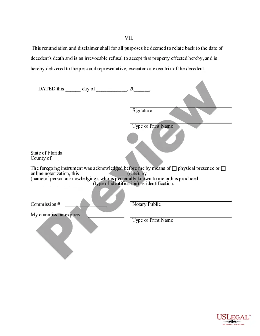 Preview Florida Renunciation And Disclaimer of Property received by Intestate Succession