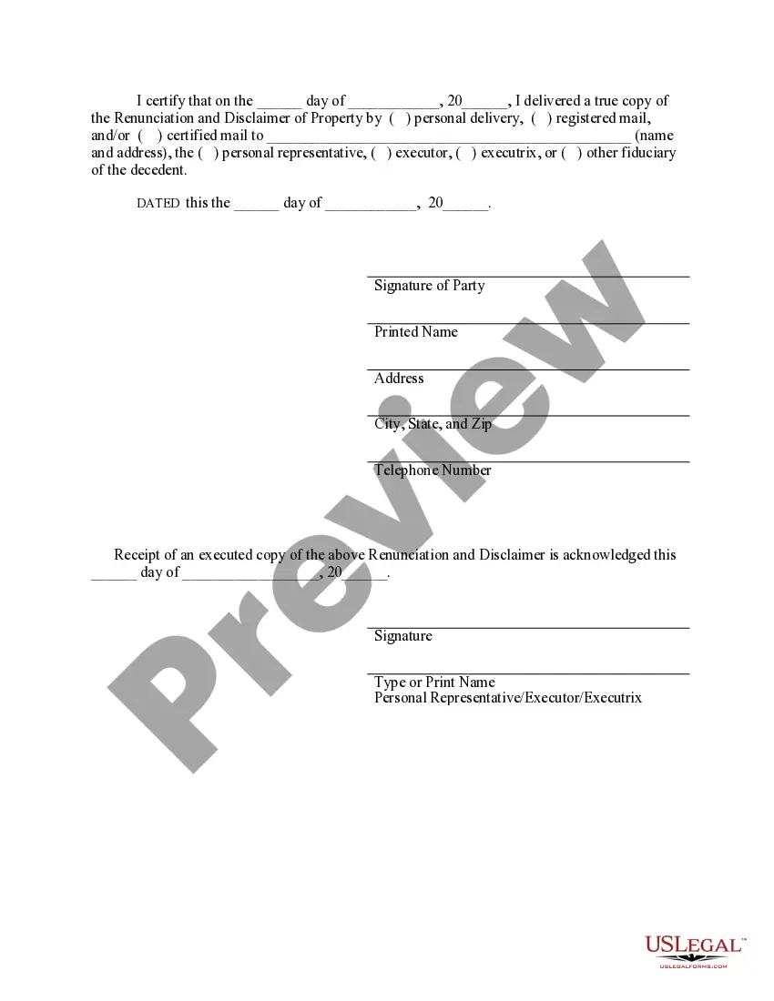 Preview Florida Renunciation And Disclaimer of Property received by Intestate Succession