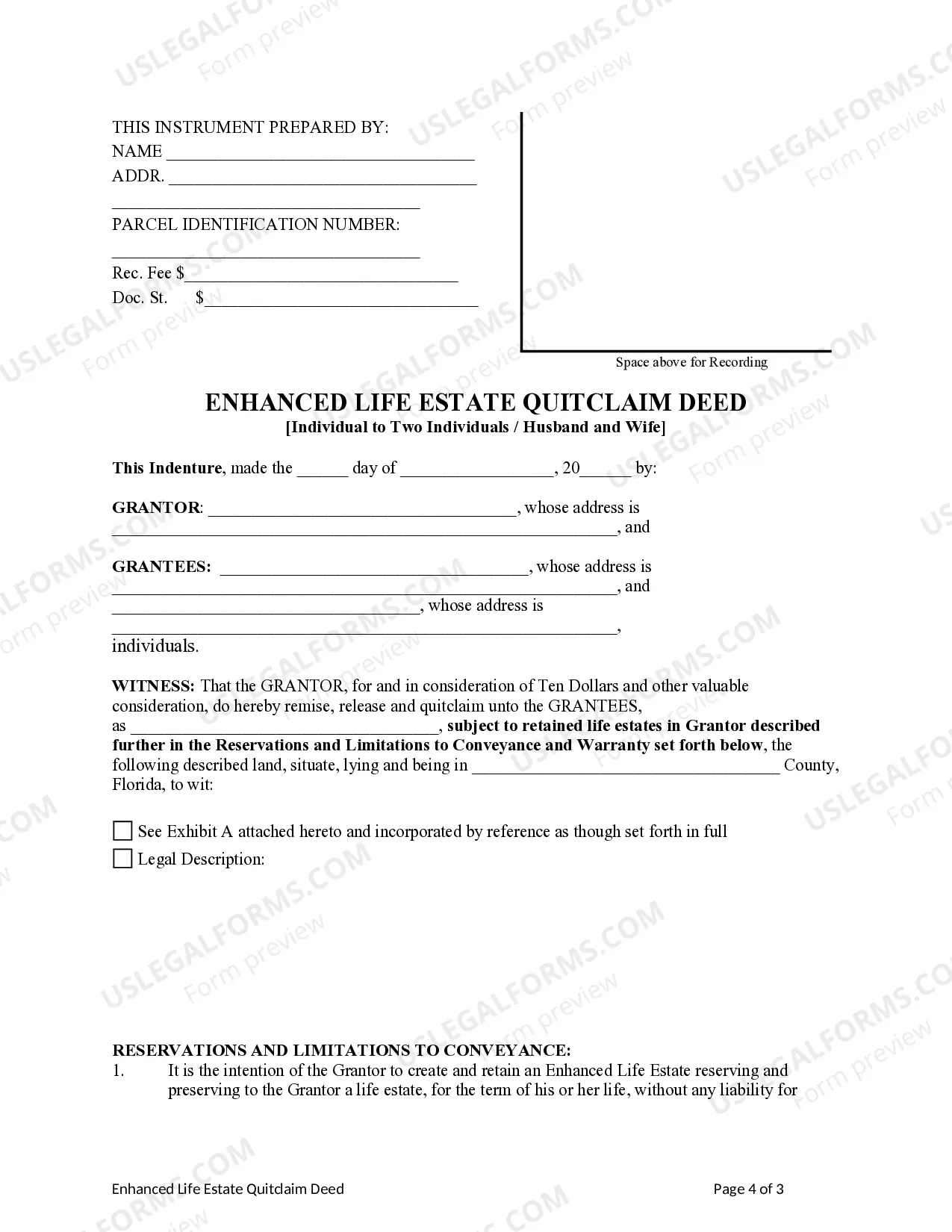 Preview Enhanced Life Estate or Lady Bird Deed - Quitclaim - Individual to Two Individual / Husband and Wife