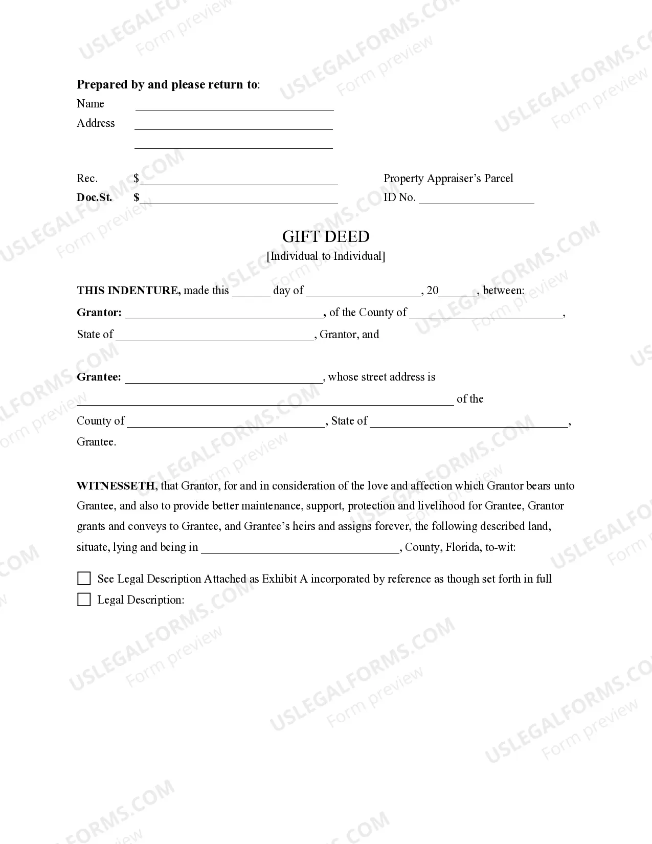 Preview Florida Gift Deed for Individual to Individual