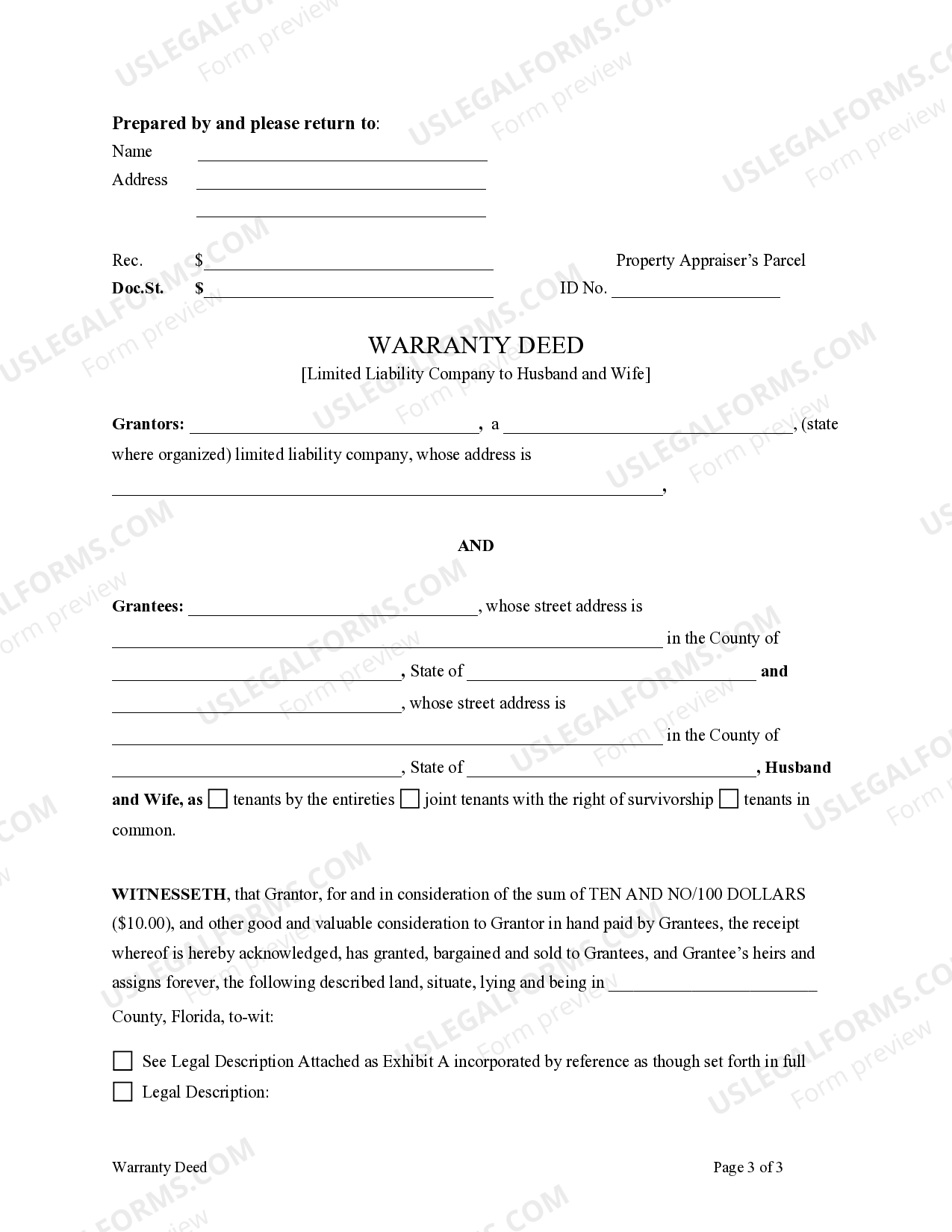 Florida Warranty Deed LLC to Husband and Wife Florida Warranty Deed