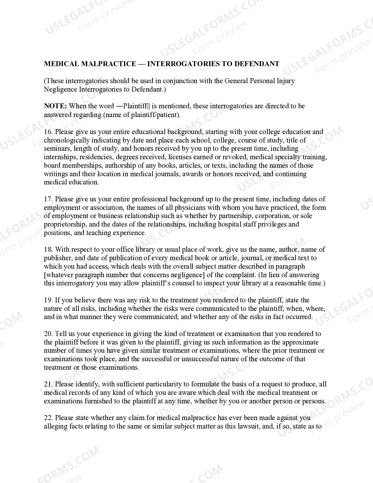 Preview Discovery Interrogatories from Defendant to Plaintiff - Personal Injury