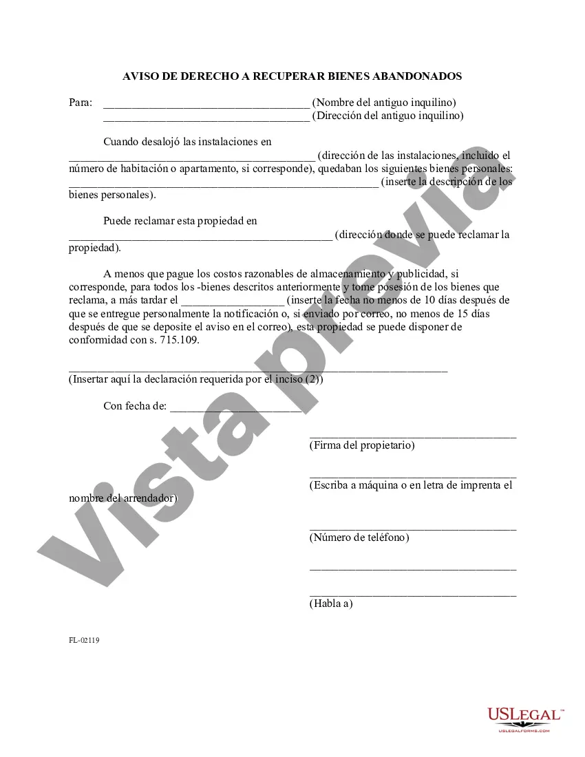 Preview Aviso de derecho a reclamar propiedad abandonada al inquilino