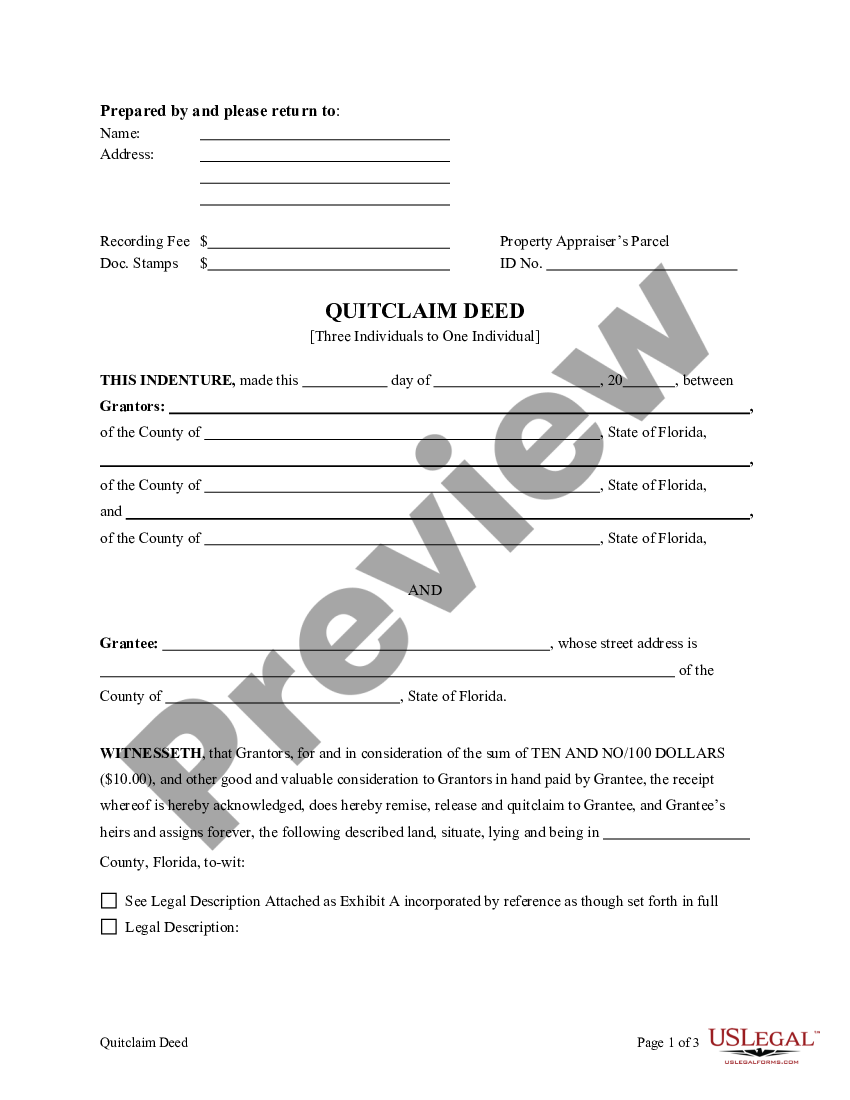 Florida Quitclaim Deed Three Individuals To One Individual Florida Quitclaim Deed Us Legal 6571