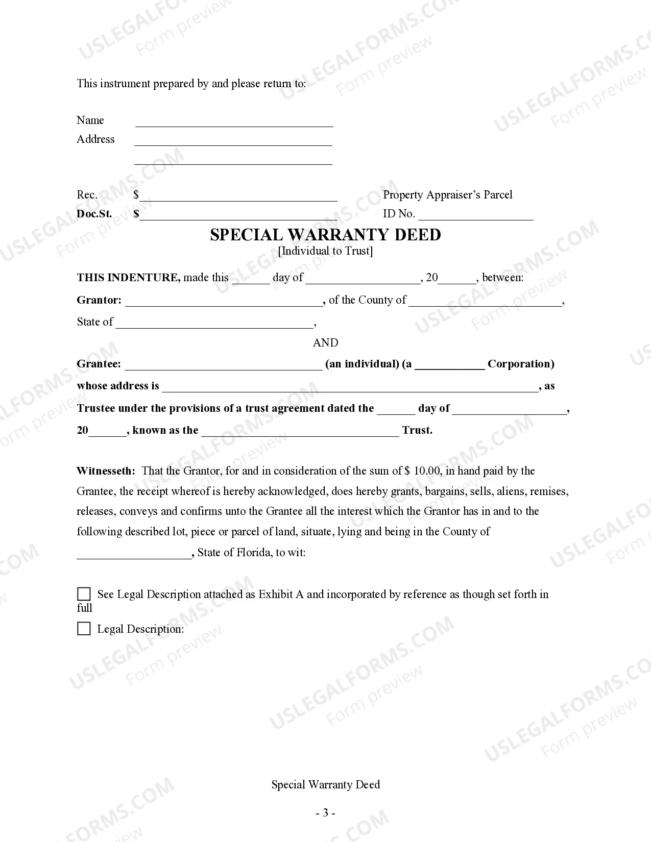 Preview Special Warranty Deed Individual to Trust