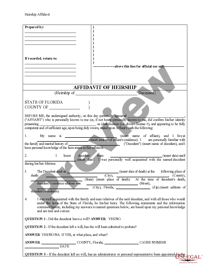 Florida Heirship Affidavit Affidavit of Heirs Descent Affidavit
