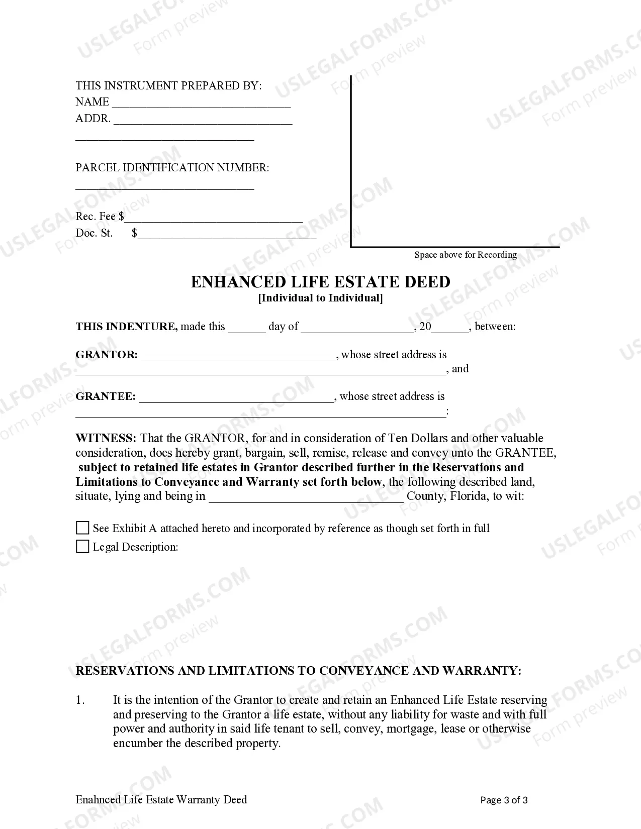 Preview Enhanced Life Estate or Lady Bird Deed - Individual to Individual