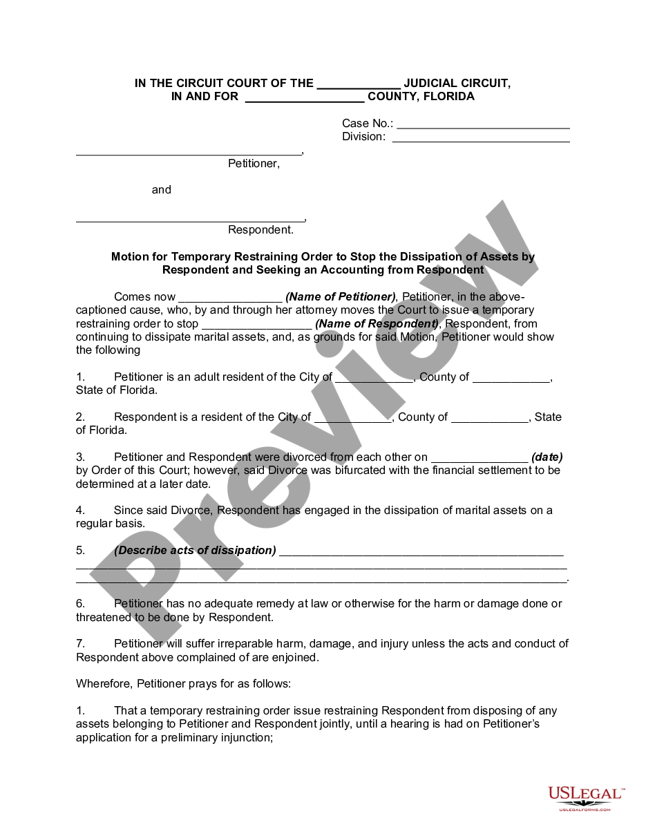 Florida Motion for Temporary Restraining Order to Stop the Dissipation
