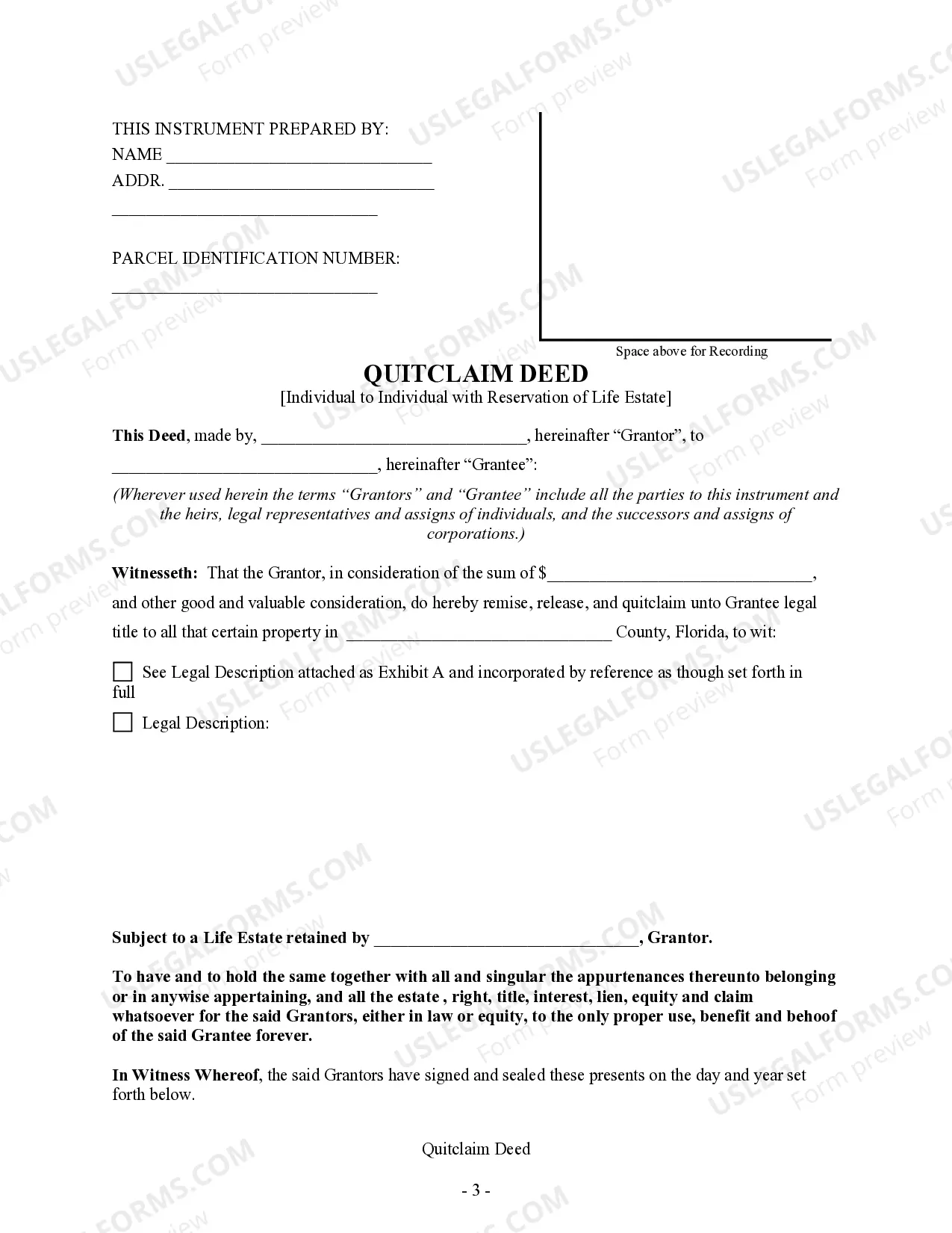 Preview Quitclaim Deed - Individual to Individual with Reserved Life Estate