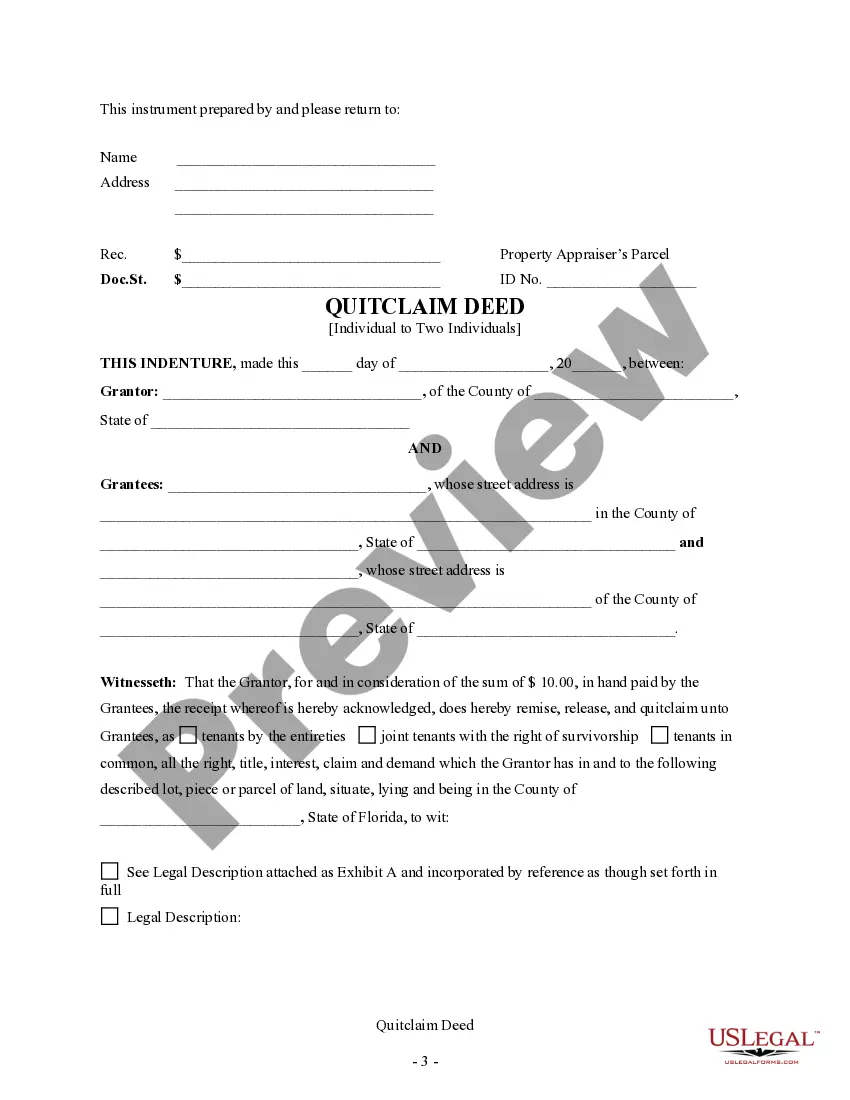 Preview Quitclaim Deed from Individual to Two Individuals in Joint Tenancy