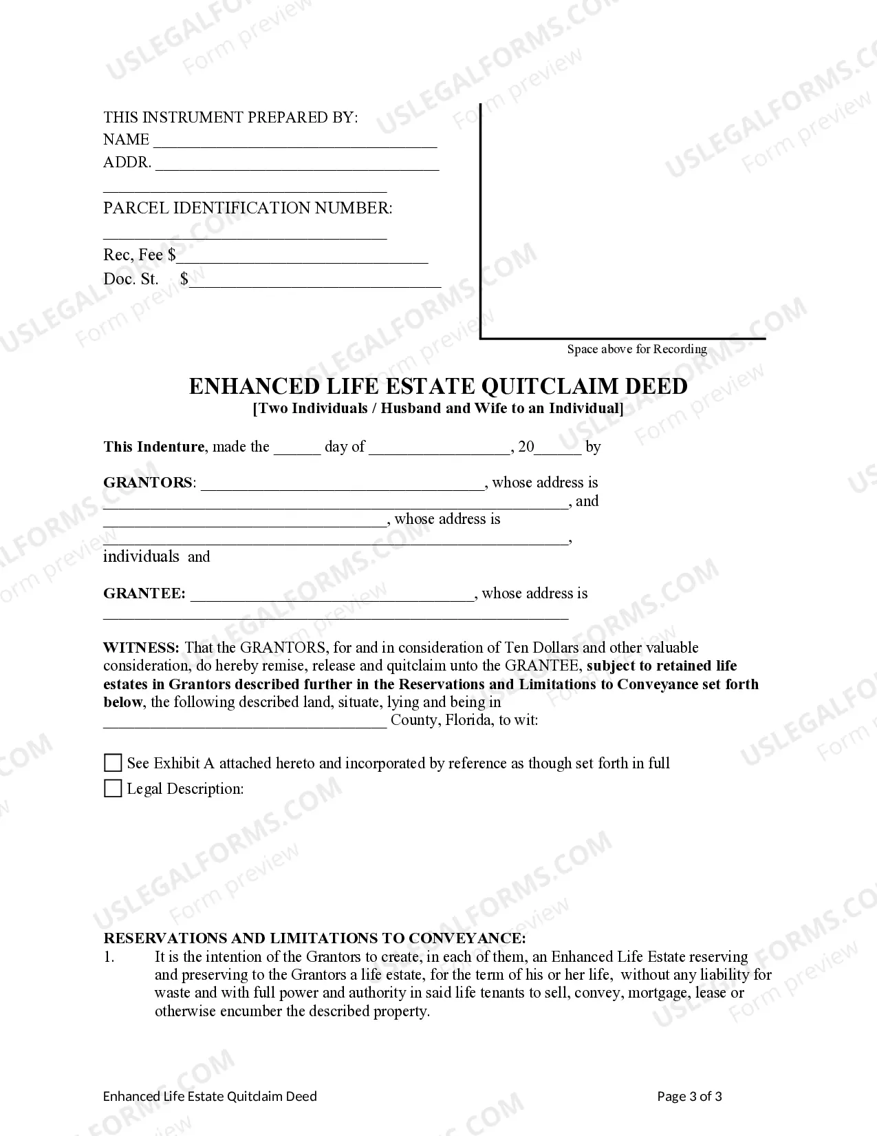 Preview Enhanced Life Estate or Lady Bird Deed - Quitclaim - Two Individual or Husband and Wife to Individual