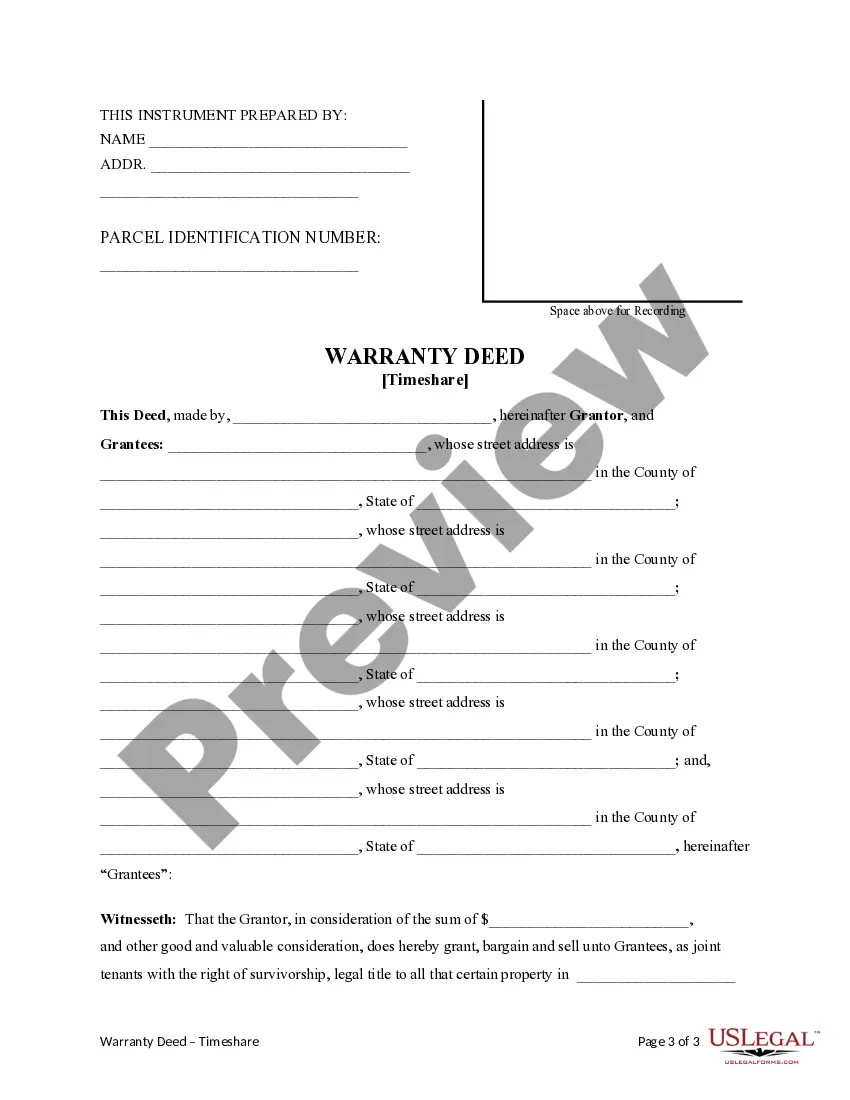 Get Warranty Deed for Timeshare from an Individual to Five Individuals Preview Warranty Deed for Timeshare from an Individual to Five Individuals