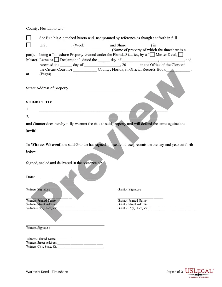 Get Warranty Deed for Timeshare from an Individual to Five Individuals Preview Warranty Deed for Timeshare from an Individual to Five Individuals