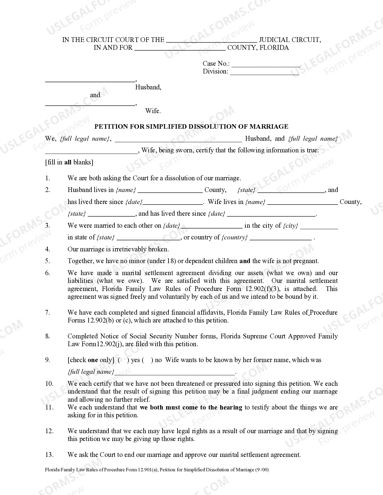 Preview Simplified Petition for Dissolution of Marriage and Order