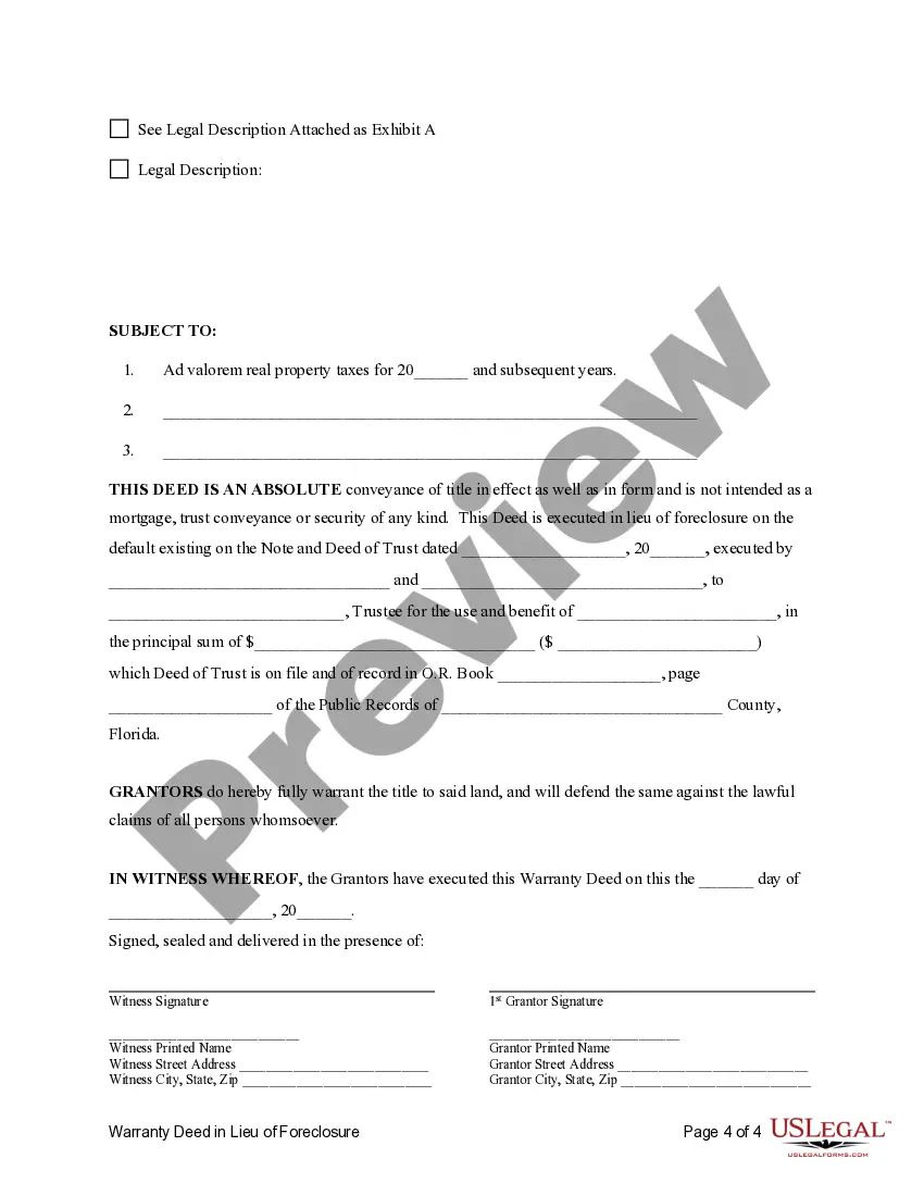 Get Warranty Deed in Lieu of Foreclosure Preview Warranty Deed in Lieu of Foreclosure