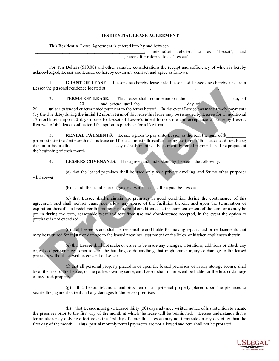 form Residential Rental Lease Agreement preview