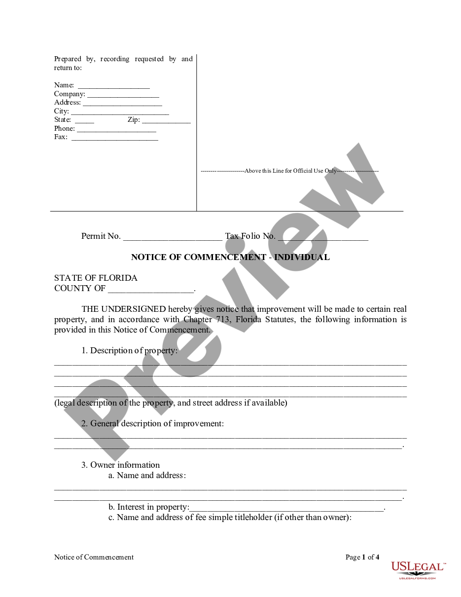 page 0 Notice Of Commencement Form - Individual preview