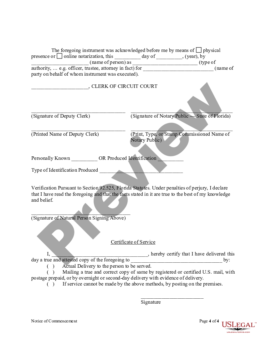 Blank Notice Of Commencement Form Florida | US Legal Forms