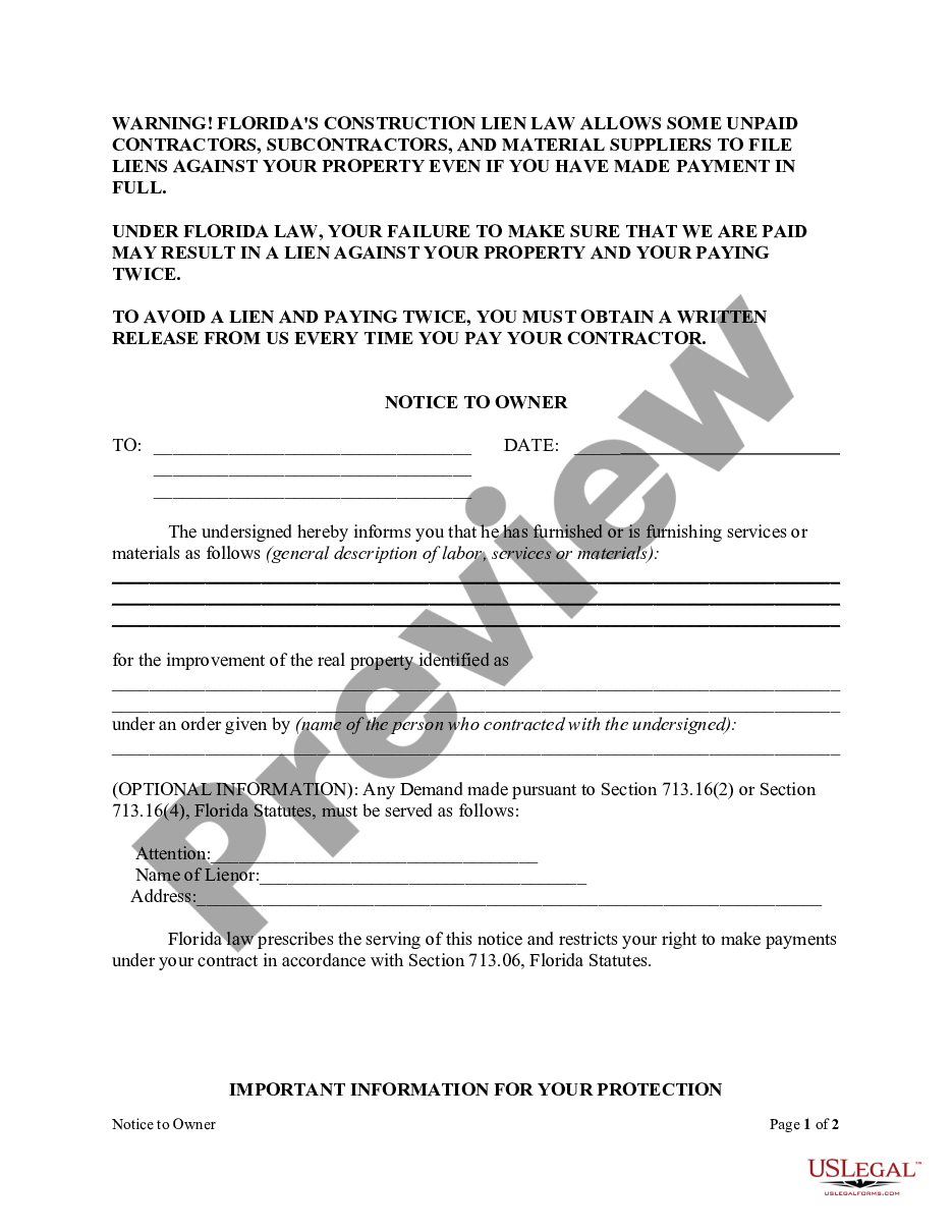 page 0 Notice To Owner Form - Construction - Mechanic Liens - Individual preview