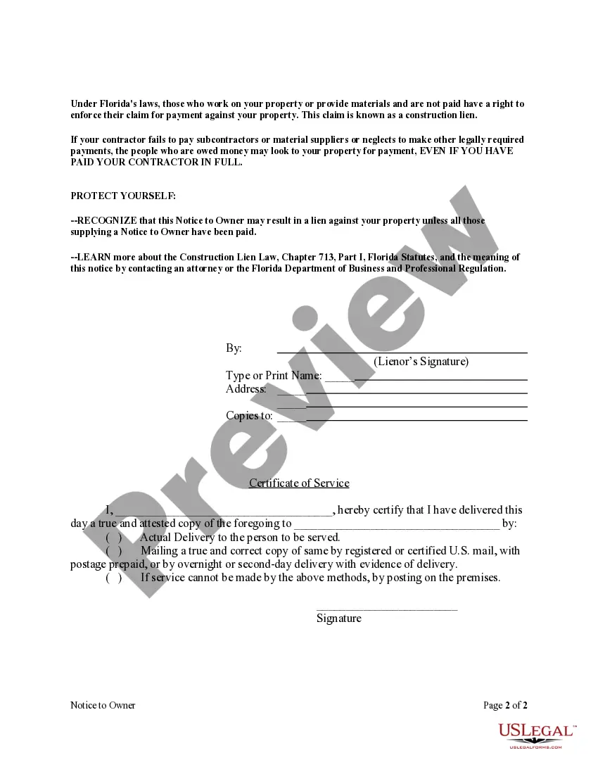 Get Notice To Owner Form - Construction - Mechanic Liens - Individual Preview Notice To Owner Form - Construction - Mechanic Liens - Individual