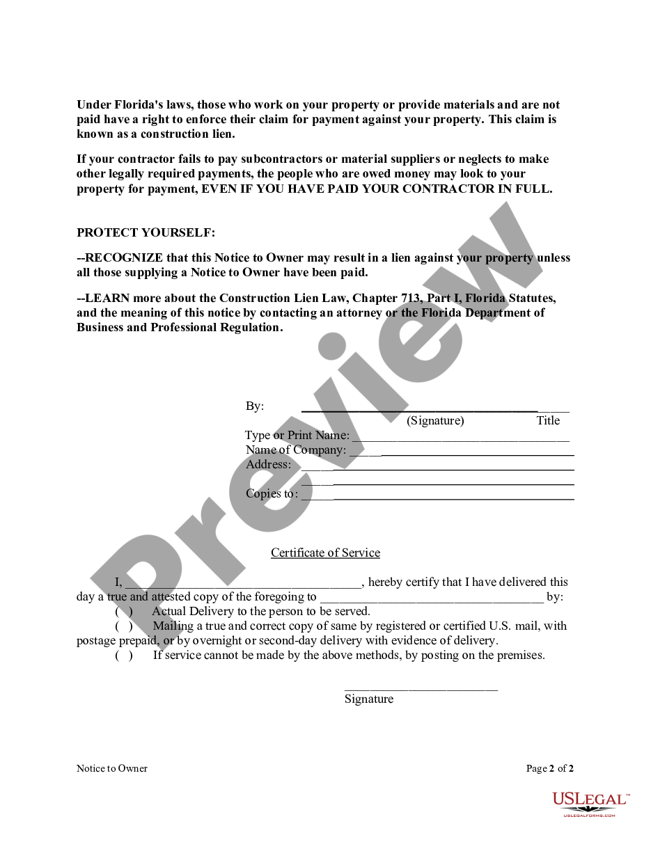 West Palm Beach Florida Notice To Owner Form Construction Mechanic