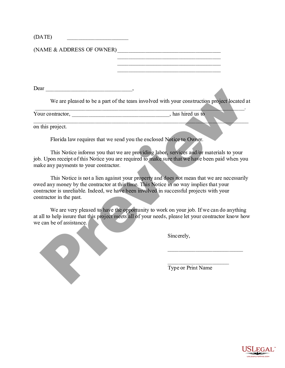 form Transmittal Letter For Notice To Owner - Construction - Mechanic Liens preview