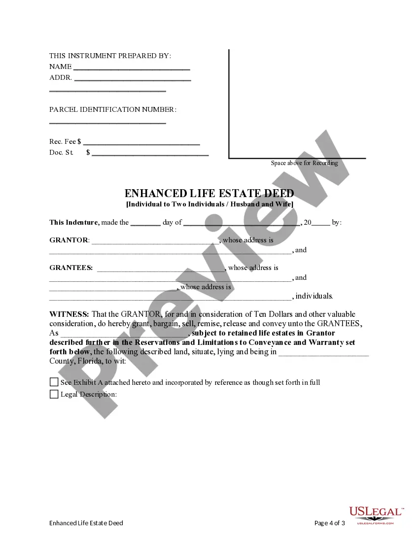 Get Enhanced Life Estate or Lady Bird Deed - Individual to Two Individuals / Husband and Wife Preview Enhanced Life Estate or Lady Bird Deed - Individual to Two Individuals / Husband and Wife