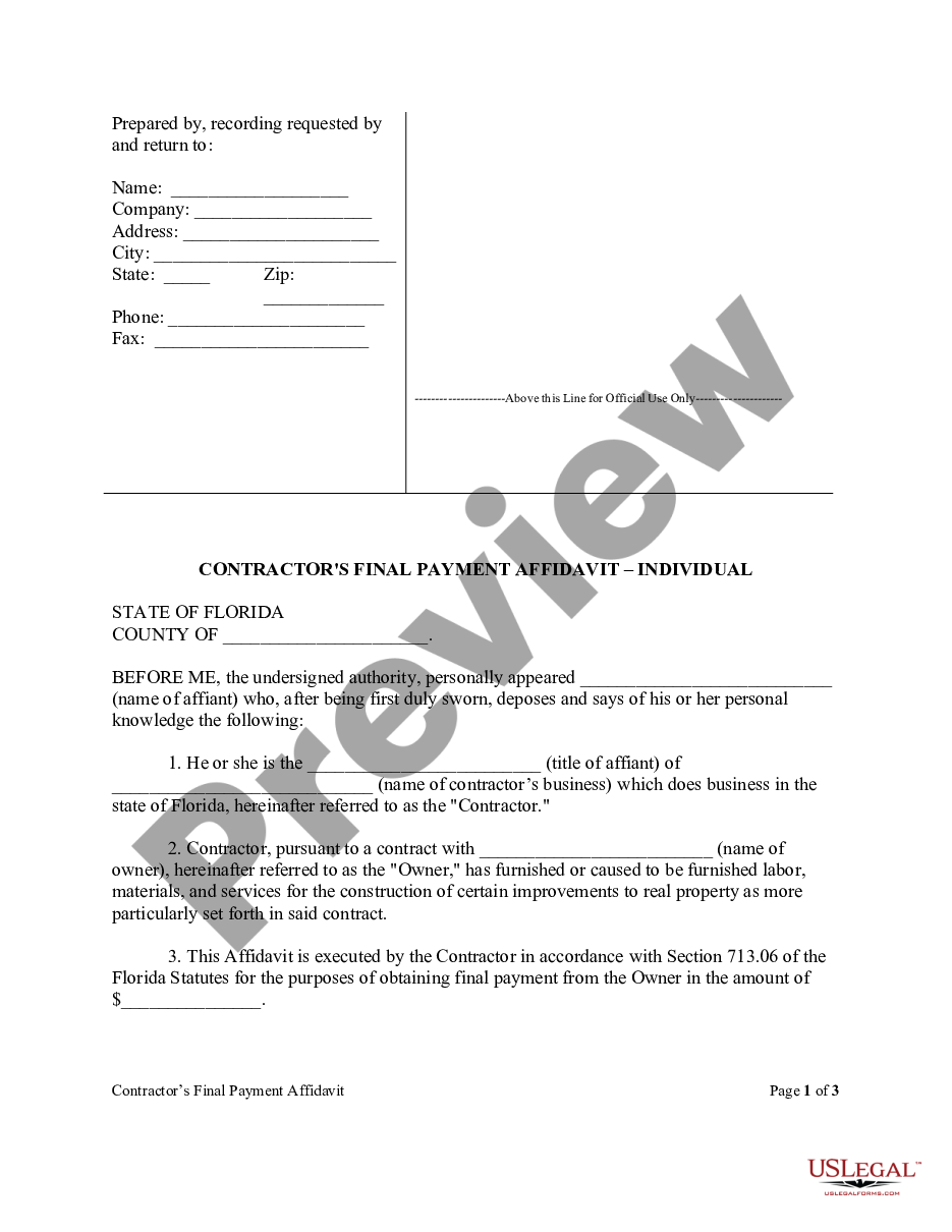 page 0 Contractor's Final Affidavit Form - Construction - Mechanic Liens - Individual preview