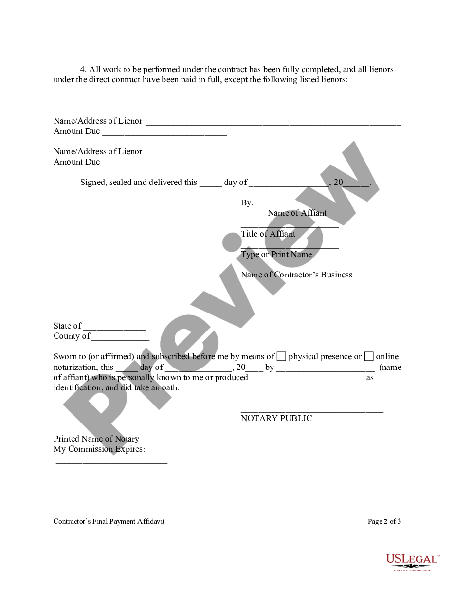 page 1 Contractor's Final Affidavit Form - Construction - Mechanic Liens - Individual preview