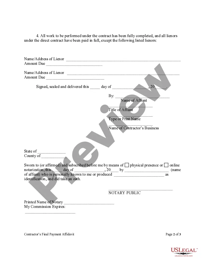 Get Contractor's Final Affidavit Form - Construction - Mechanic Liens - Individual Preview Contractor's Final Affidavit Form - Construction - Mechanic Liens - Individual