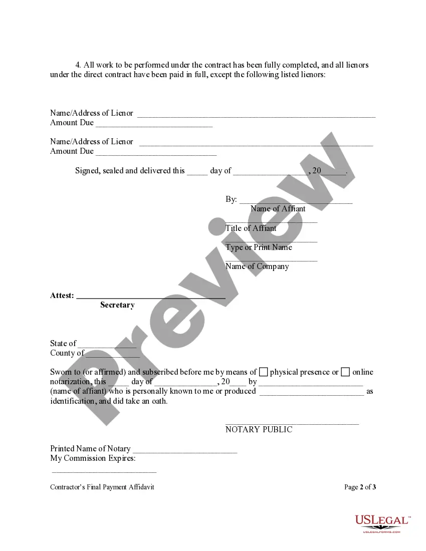 Preview Contractor's Final Affidavit Form - Construction - Mechanic Liens - Corporation