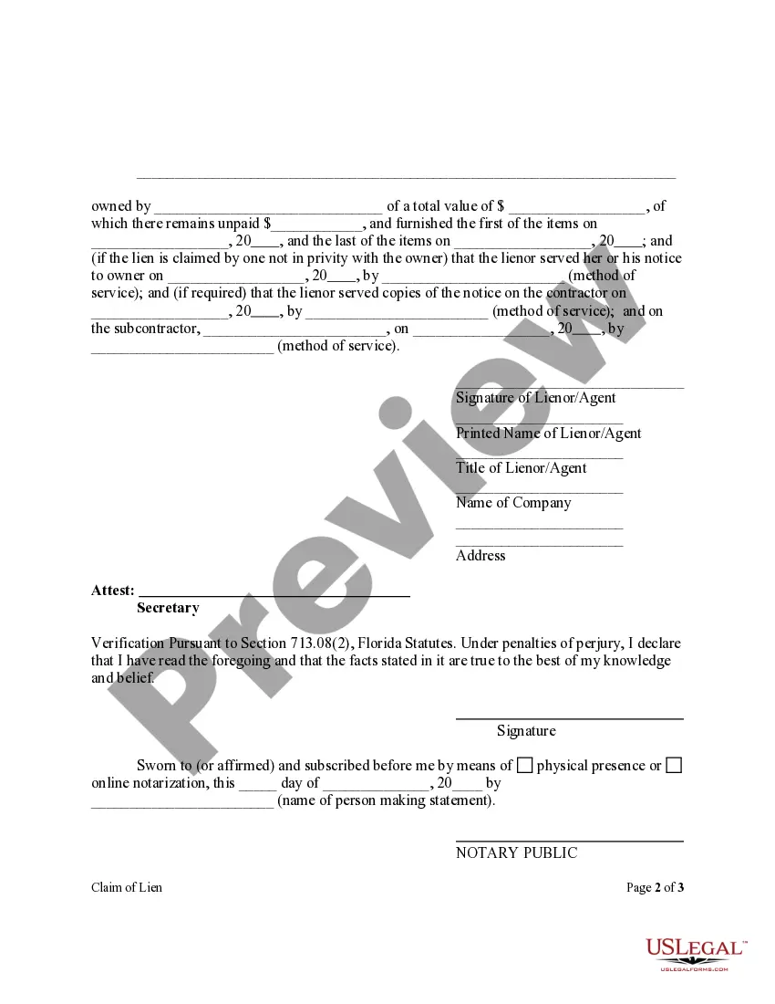Preview Claim of Lien Form - Construction - Mechanic Liens - Corporation or LLC