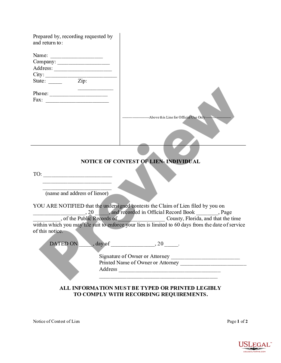 page 0 Notice of Contest of Lien Form - Construction - Mechanic Liens - Individual preview