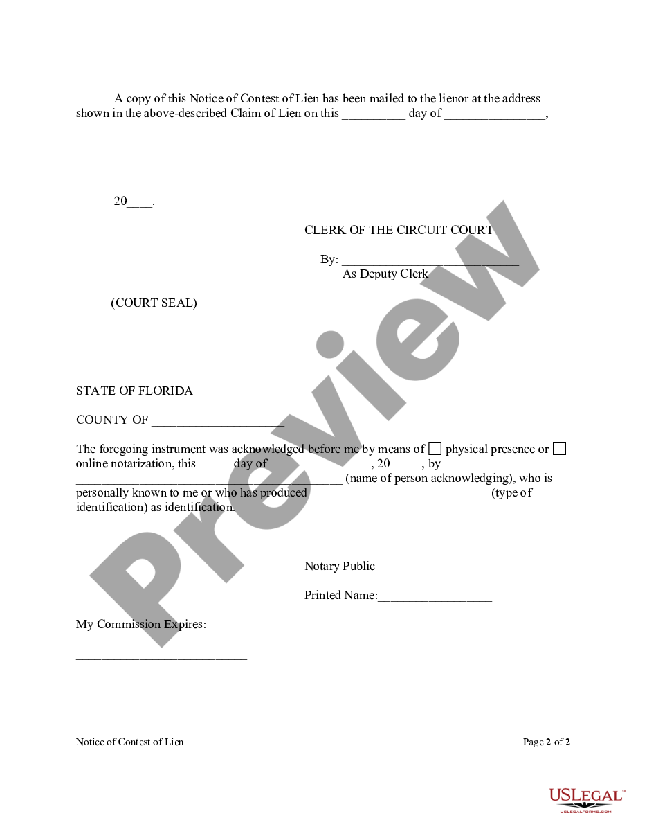 page 1 Notice of Contest of Lien Form - Construction - Mechanic Liens - Individual preview