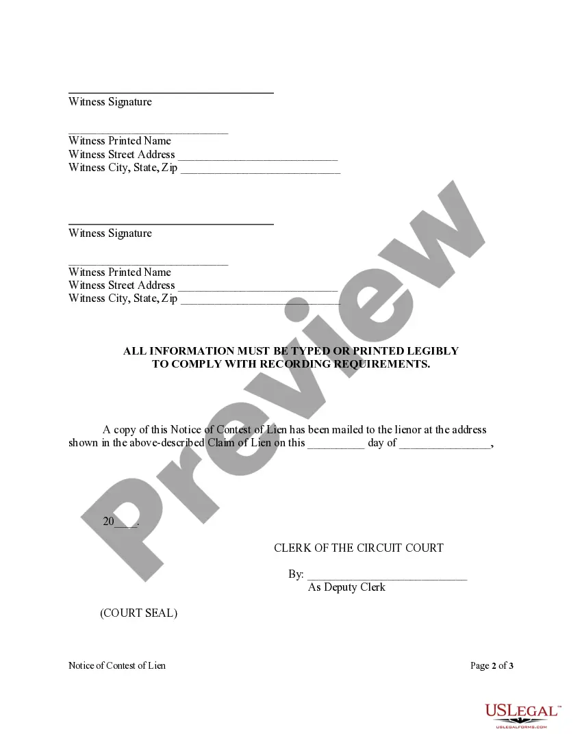 Preview Notice of Contest of Lien Form - Construction - Mechanic Liens - Individual