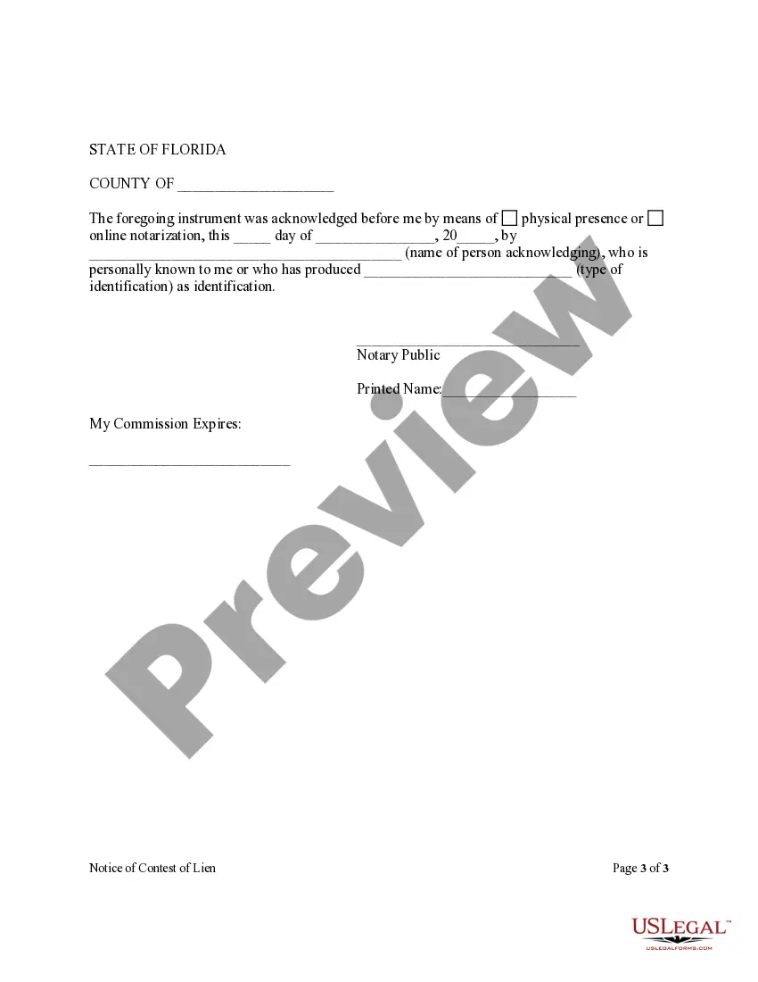 Preview Notice of Contest of Lien Form - Construction - Mechanic Liens - Individual