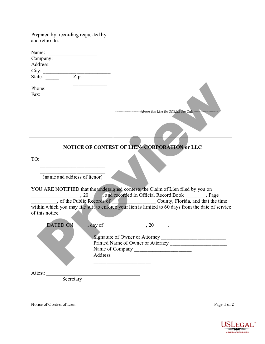 Florida Notice of Contest of Lien Form - Construction - Mechanic Liens ...