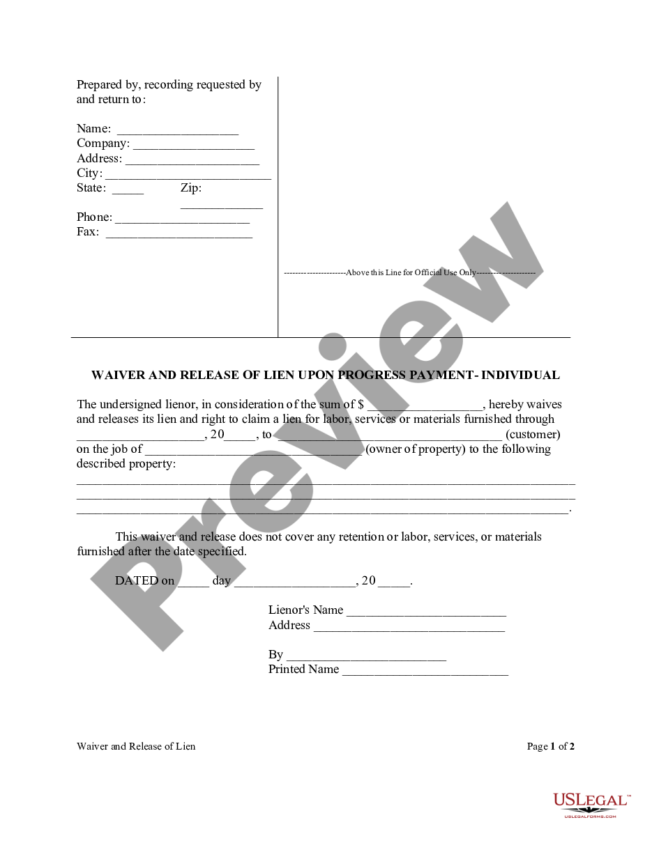 page 0 Waiver And Release Of Lien Upon Progress Payment Form - Construction - Mechanic Liens - Individual preview