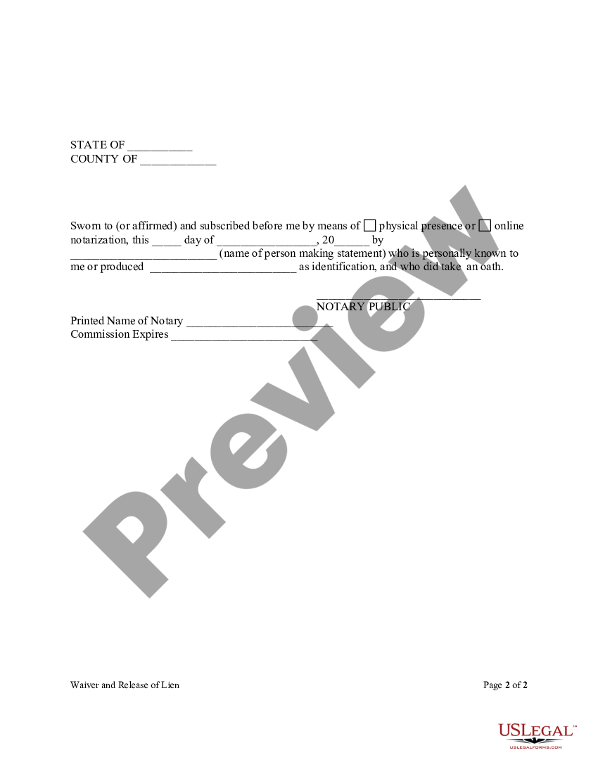 page 1 Waiver And Release Of Lien Upon Progress Payment Form - Construction - Mechanic Liens - Individual preview