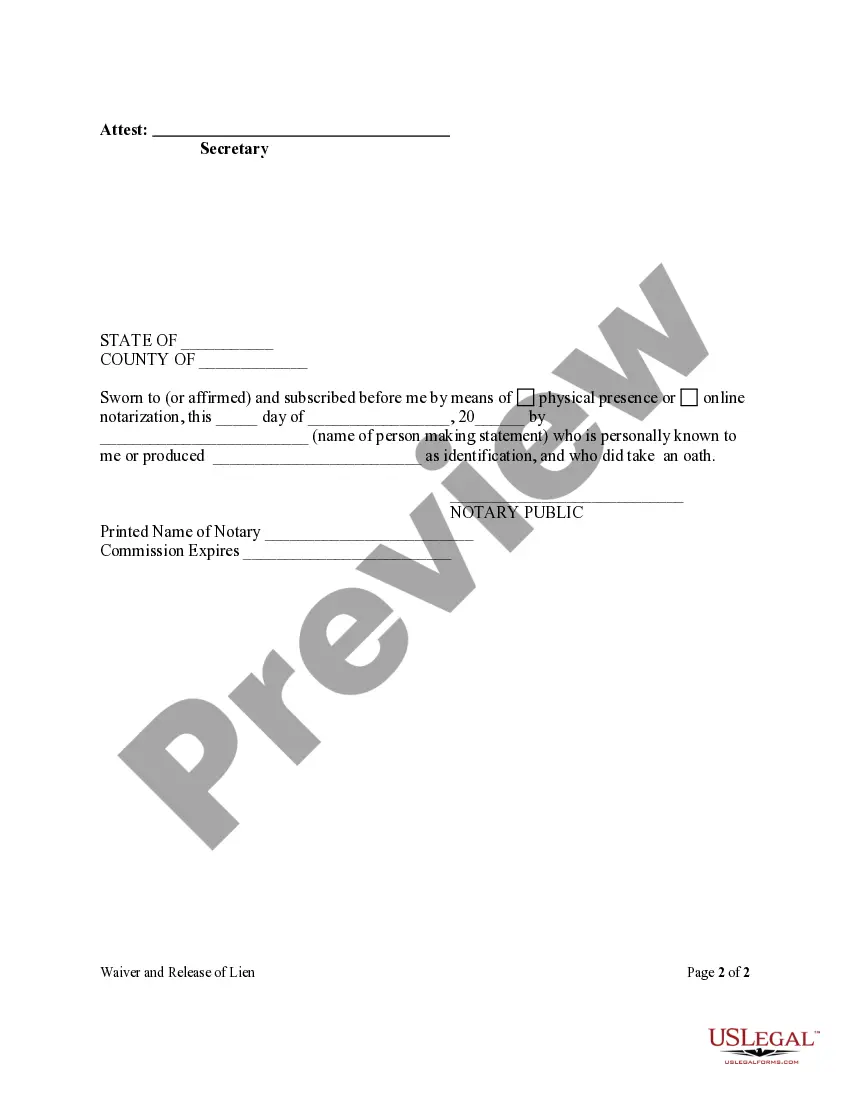 Preview Waiver And Release Of Lien Upon Progress Payment Form - Construction - Mechanic Liens - Corporation or LLC
