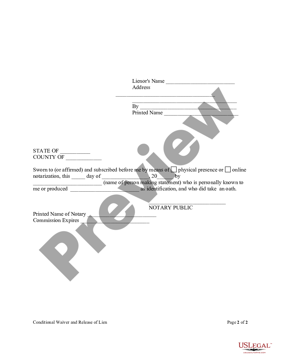 page 1 Conditional Partial Release And Waiver Of Lien Form - Construction - Mechanic Liens - Individual preview
