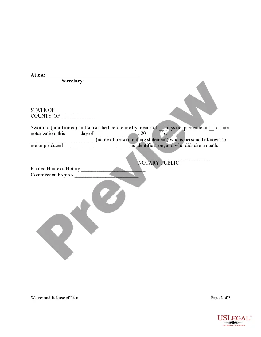 Get Waiver And Release Of Lien Upon Final Payment Form - Construction - Mechanic Liens - Corporation or LLC Preview Waiver And Release Of Lien Upon Final Payment Form - Construction - Mechanic Liens - Corporation or LLC