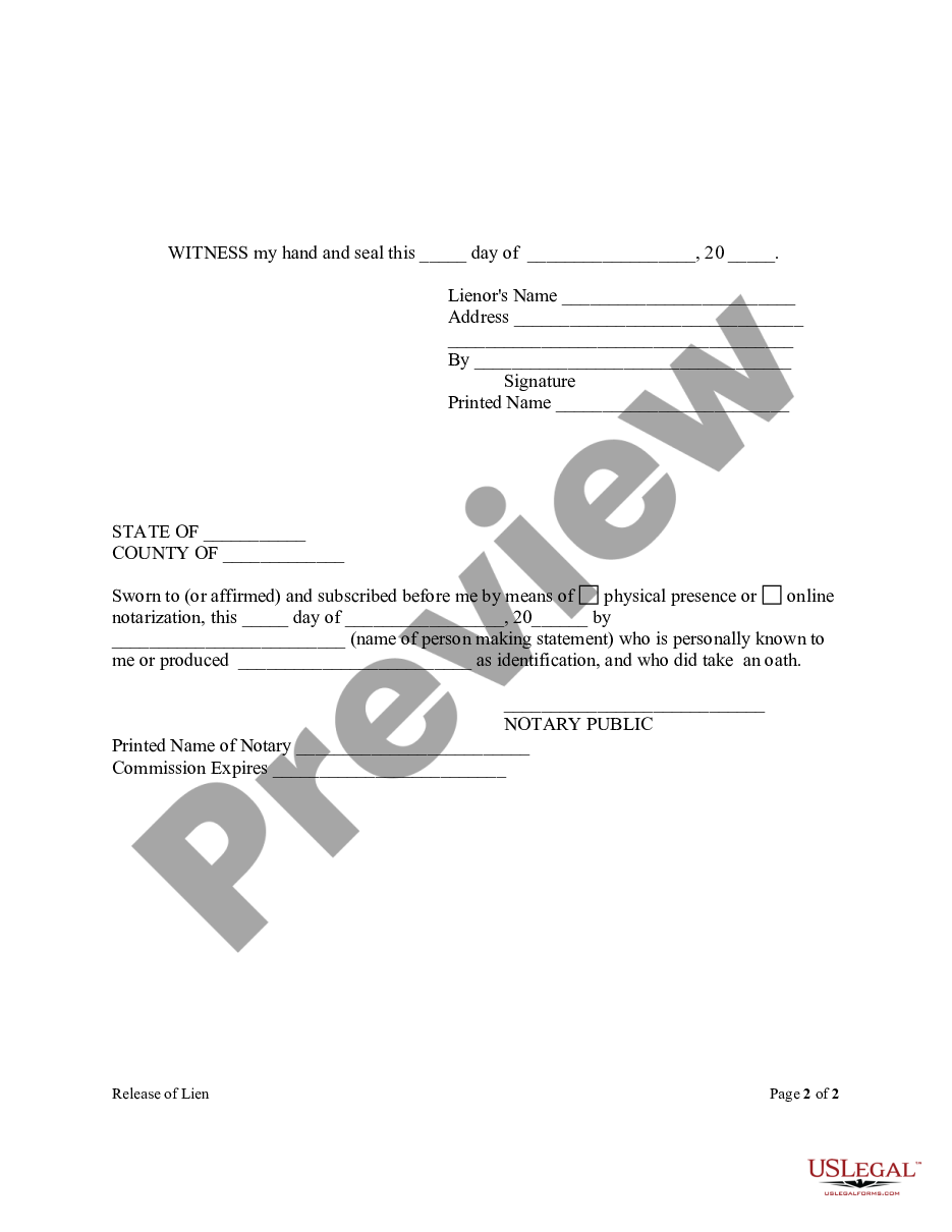 page 1 Release Of Lien Form - Construction - Mechanic Liens - Individual preview