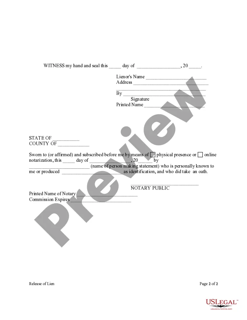 Preview Release Of Lien Form - Construction - Mechanic Liens - Individual