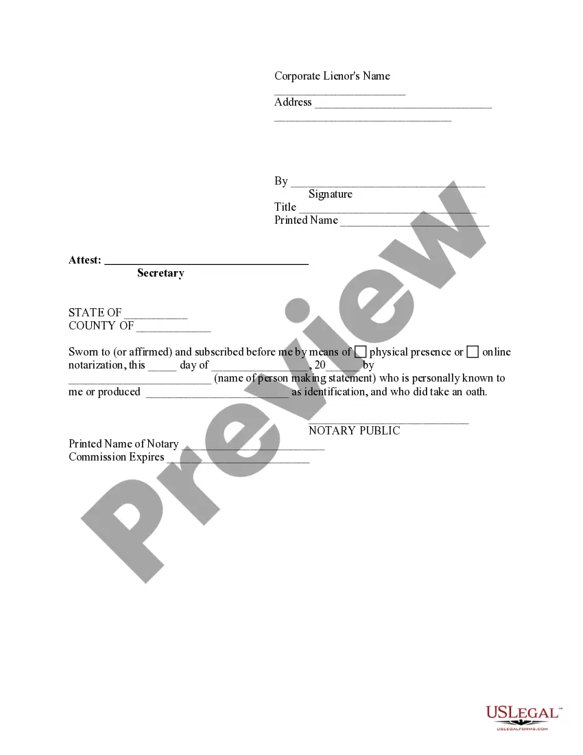 Get Release Of Lien Form - Construction - Mechanic Liens - Corporation or LLC Preview Release Of Lien Form - Construction - Mechanic Liens - Corporation or LLC